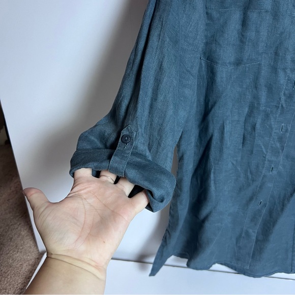 Jones New York Blue Linen Collarless Button Down Shirt w/ Breast Pockets Size 14 - Picture 7 of 10